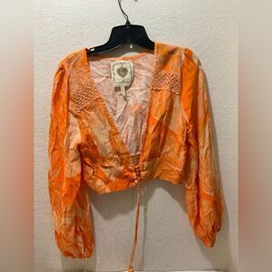 NWOT Z&L Europe Orange Floral V Neck Lace Up Puff Sleeve Crop Top Size Large